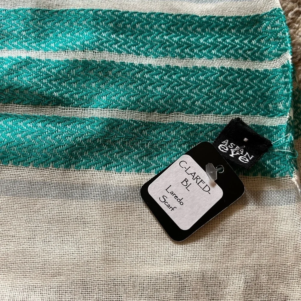 NWT Asian Eye “Laredo” Light Cotton Striped Scarf, Aqua white Blue Gray